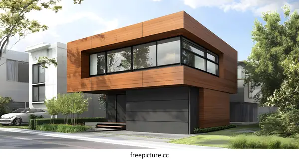 Modern House Exterior with Wooden Siding and Large Windows