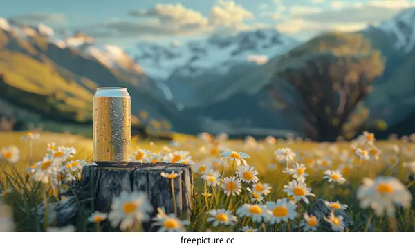 A can of beer sits on a tree stump in a field of daisies with a mountain range in the background