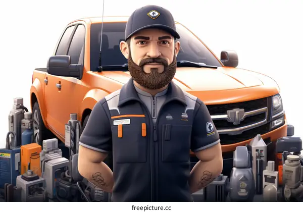mechanic with truck and automotive parts