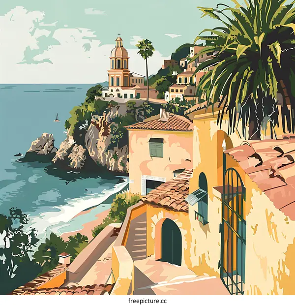 Coastal Village with Church and Palm Trees