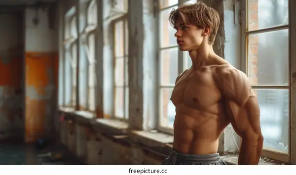 muscular young man with blonde hair standing in front of a window