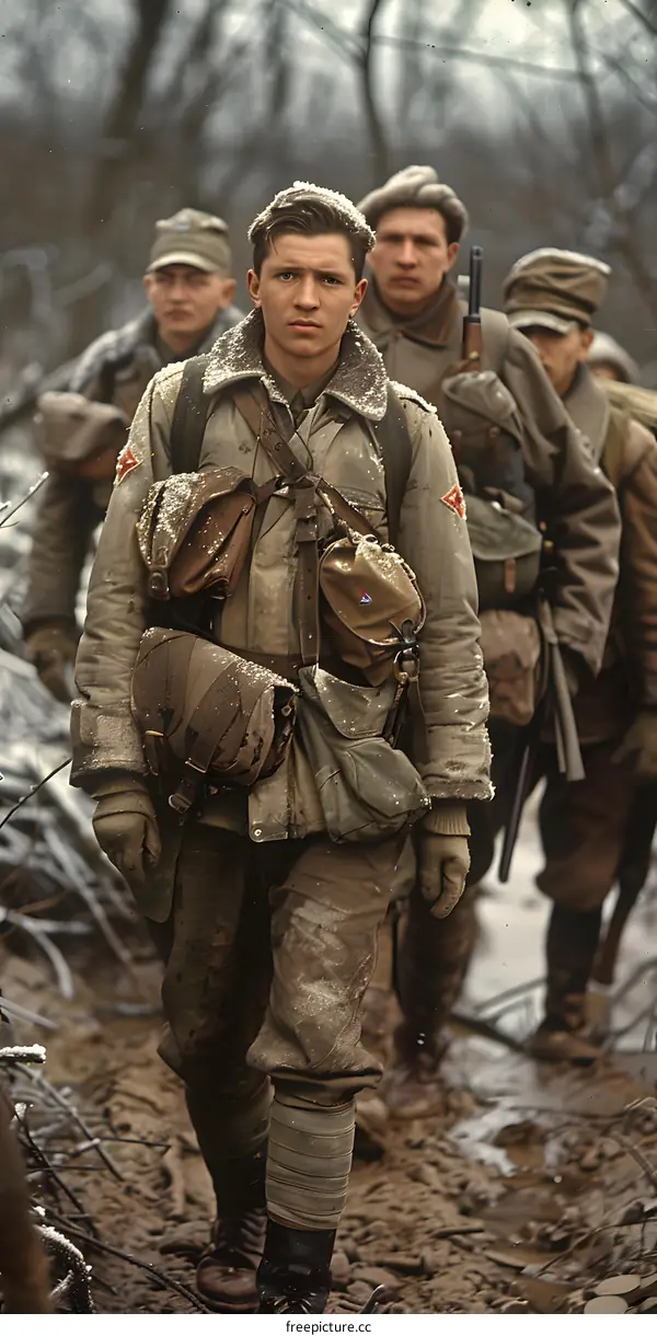 A group of soldiers walking through a snowy forest.
