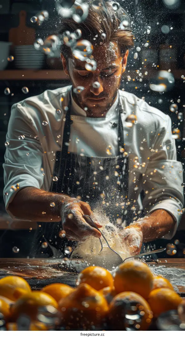 Chef kneads dough with flour in slow motion