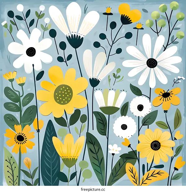 Floral Pattern with White and Yellow Flowers on Blue Background