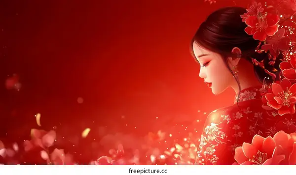 Elegant Asian Woman in Red Dress with Flowers