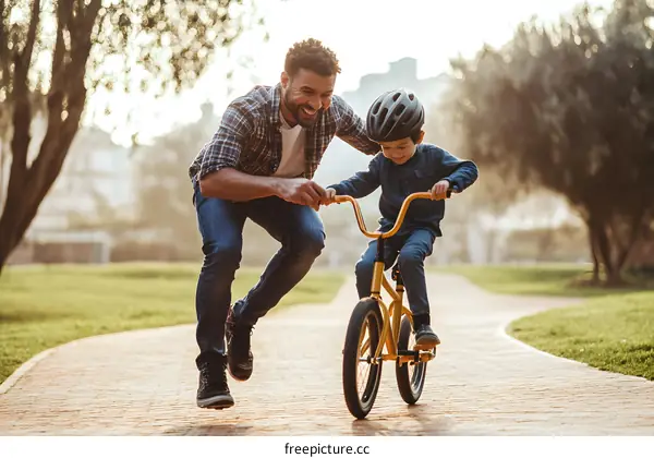 Father teaching son how to ride a bicycle in the park