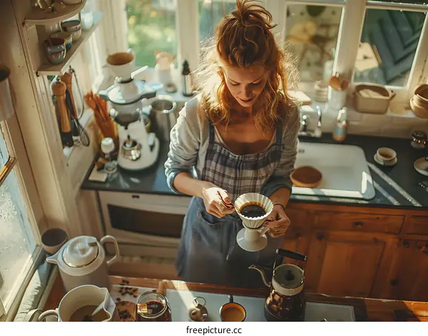 Young woman making pour-over coffee in a cozy kitchen
