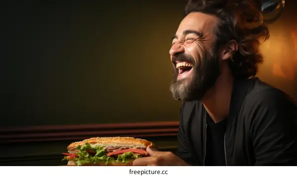 Bearded man laughing with a sandwich in his hand
