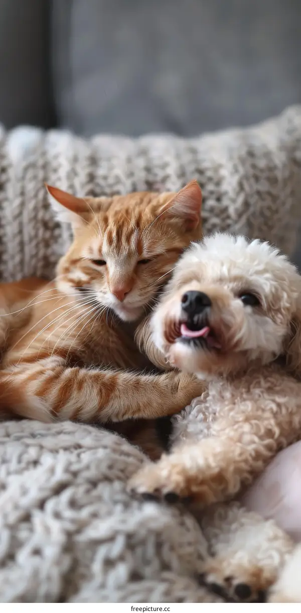 Orange cat and white dog cuddling on a blanket
