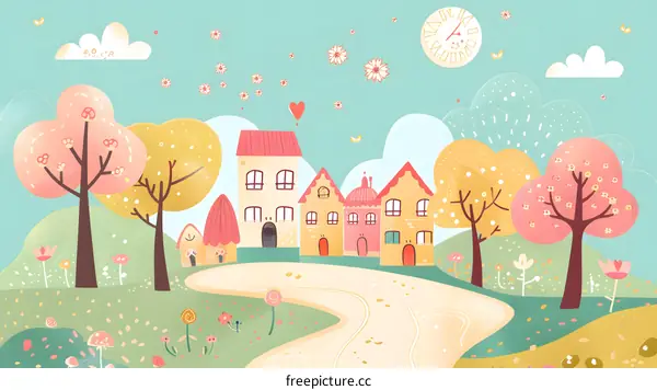 Cute Springtime Town Illustration