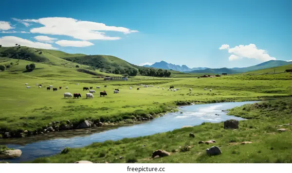 Cattle and Sheep Grazing in a Green Pasture by a River