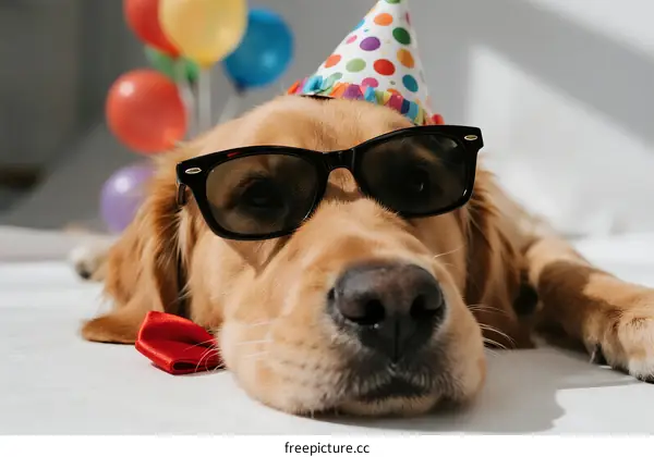 Golden retriever wearing party hat and sunglasses lying down