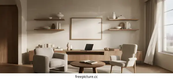 Minimalist Home Office with Modern Furniture and Empty Frame