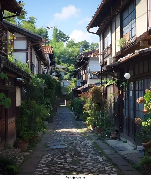 A narrow stone alleyway in a traditional Japanese town with wooden houses and lush greenery
