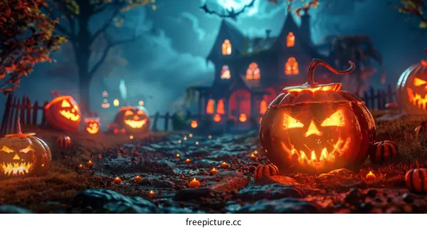 Eerie Halloween Night with Jack-o'-Lanterns and Haunted House