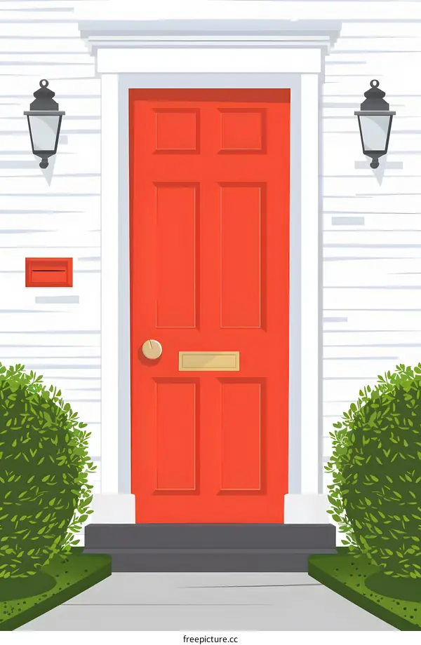 Red Front Door Illustration With White Siding And Green Bushes