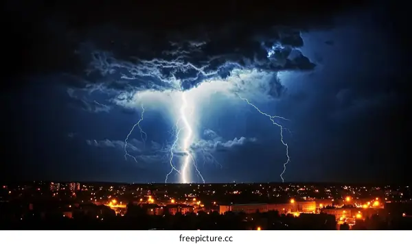 Night Storm Over Cityscape with Lightning