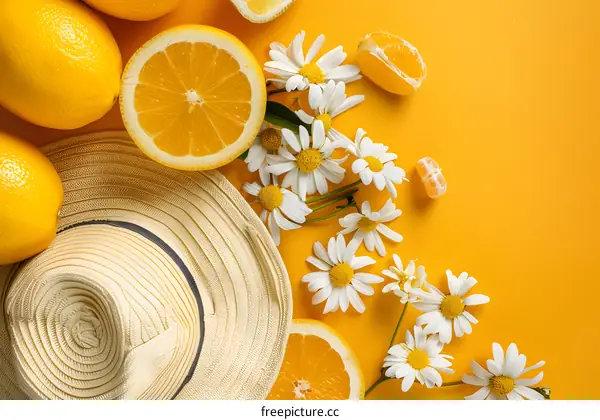 Summer Hat with Lemon, Orange and Flowers on Yellow Background