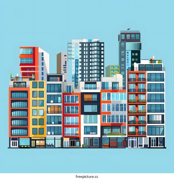 Modern Cityscape with Colorful Buildings Illustration