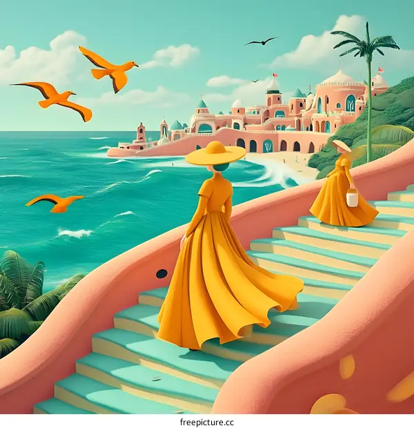 Two Women Walking Down Stairs Toward The Beach