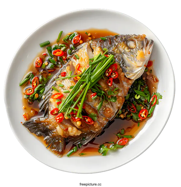 [Transparent Background PNG]Steamed Fish with Soy Sauce on White Plate
