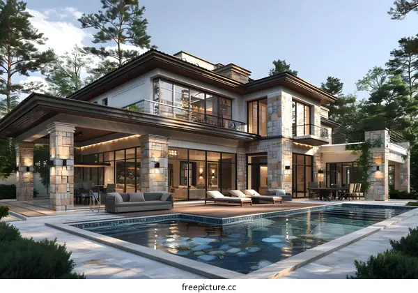 Modern luxury house exterior with pool