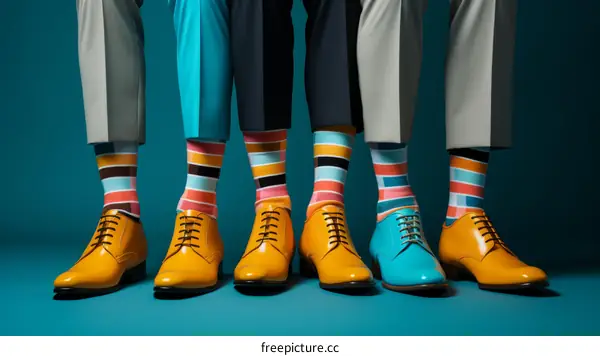 People Wearing Colorful Socks and Yellow and Blue Shoes