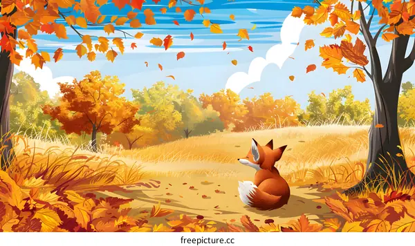 Autumn Forest Scene With Fox Sitting On Ground
