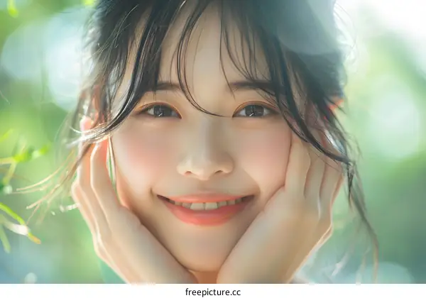 Smiling Asian Woman Portrait with Green Background