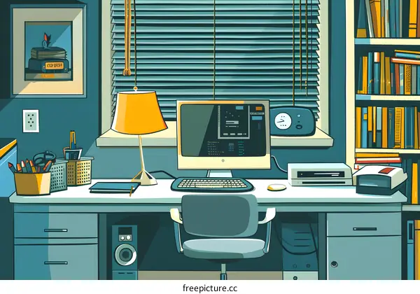 Retro Style Home Office Desk with Computer and Bookshelf