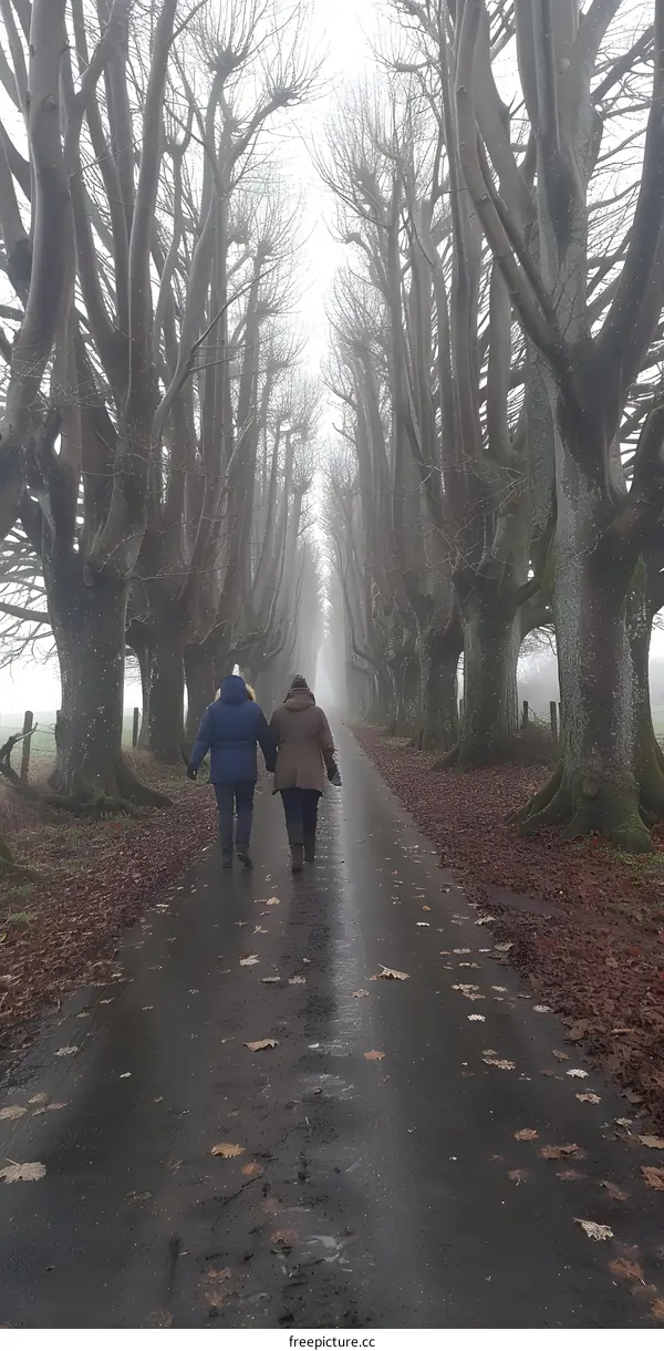 Two People Walking Through A Foggy Tree Lined Path