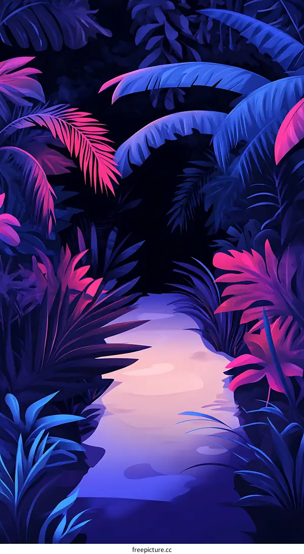 Tropical Night Jungle Background with Pink and Blue Foliage