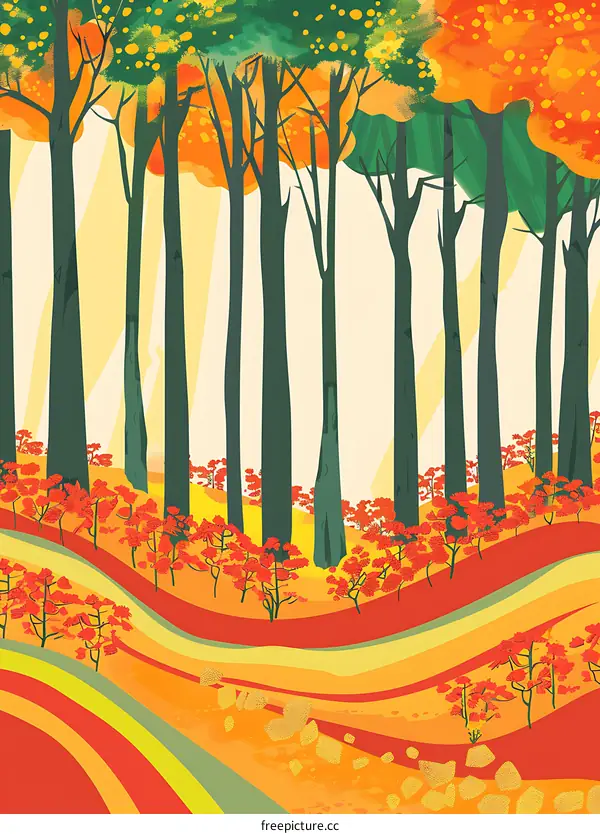 Autumn Forest Illustration With Colorful Trees and Sunlight