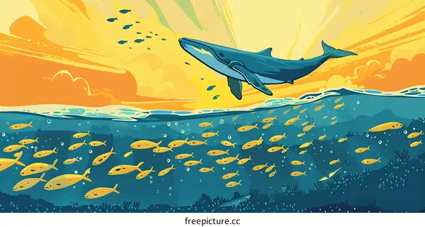 Whale Jumping Out of the Water with a School of Fish