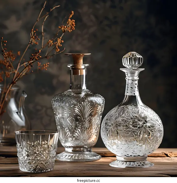 Crystal decanter and glass on wooden table