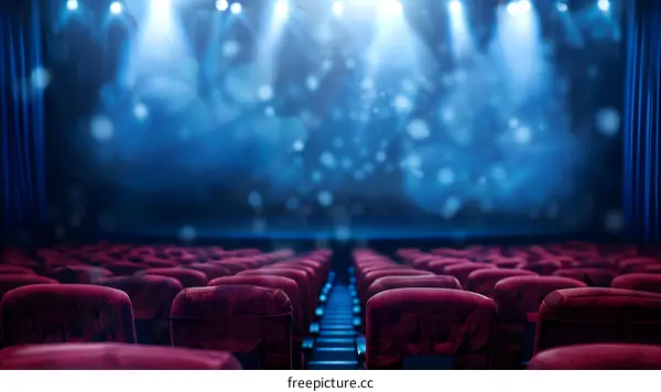 Empty Movie Theater Seats with Blue Lights Shining on Screen