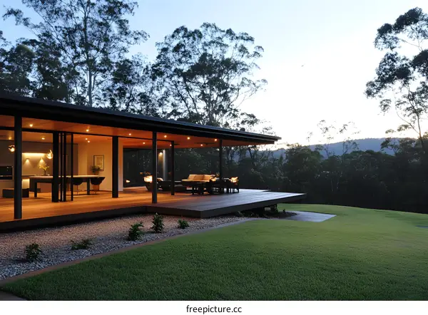Modern House with Deck Overlooking Green Forest and Mountains