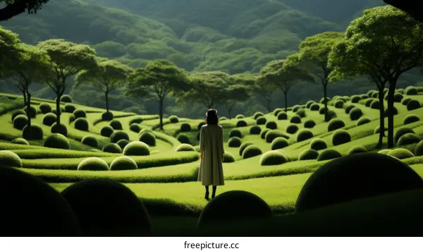 A woman standing in a field of green bushes