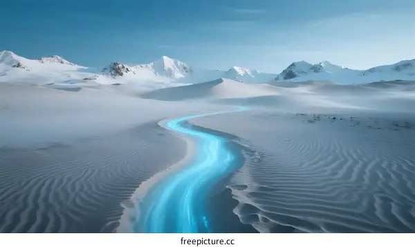 A Turquoise Stream Flowing Through Snow-Covered Desert Landscape