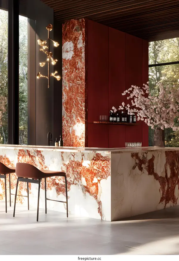 Modern Interior Design with Marble Countertop and Red Wall