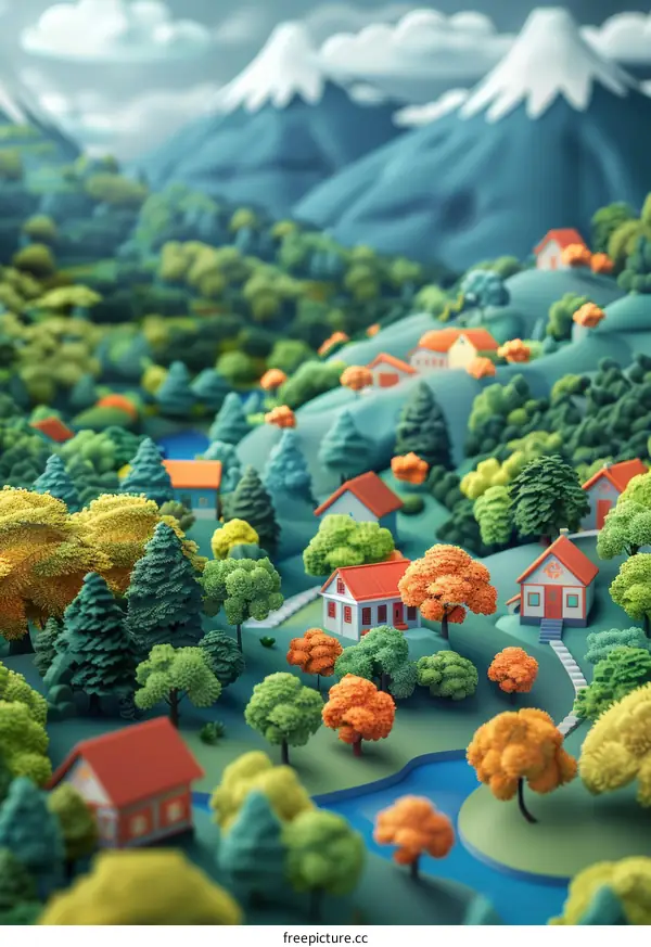 3D Isometric Landscape of a Mountain Village