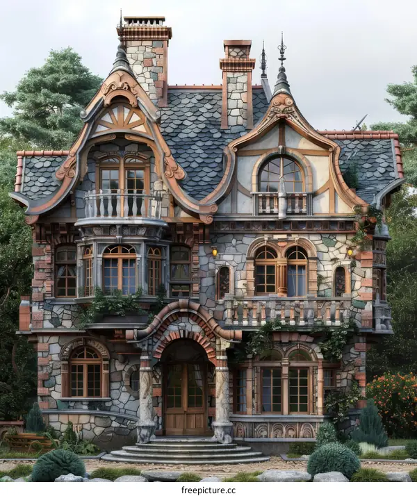 The stone house with two balconies and a big door