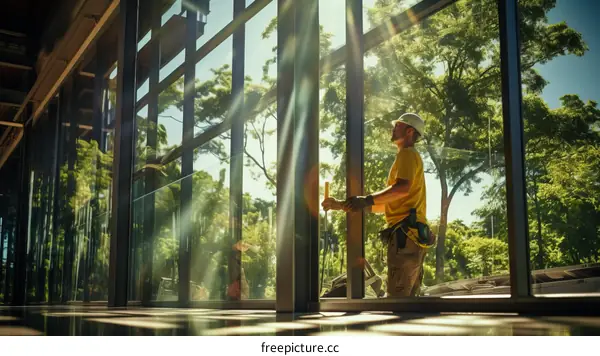 construction worker measuring window frame in new building
