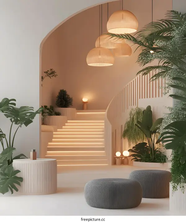 Minimalist Interior Design with Wooden Stairs and Plants