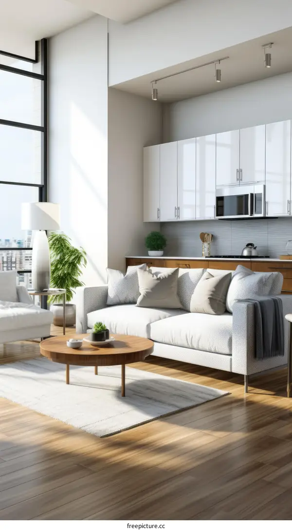 Airy and Bright Living Room with Cozy Seating Area and Large Windows