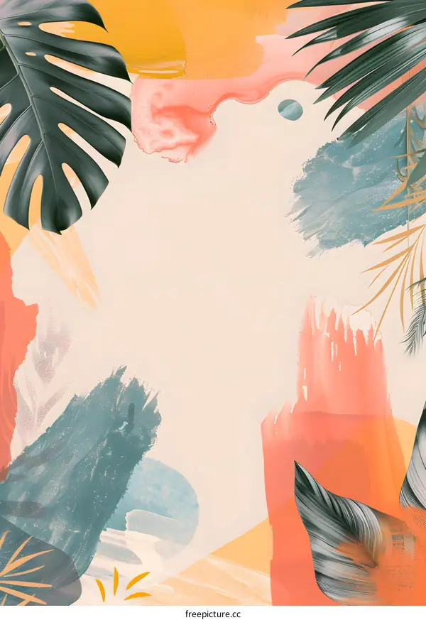 Abstract Tropical  Painting Background with Palm Leaves and Watercolor Strokes