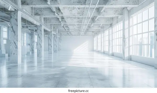Bright empty modern hall with white walls and large windows