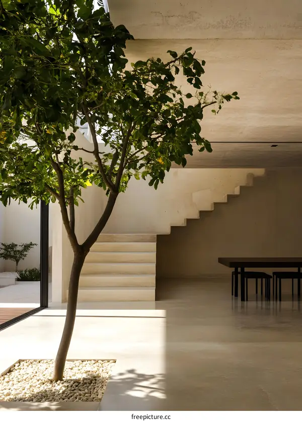 Minimalist Interior Design with Tree and Staircase