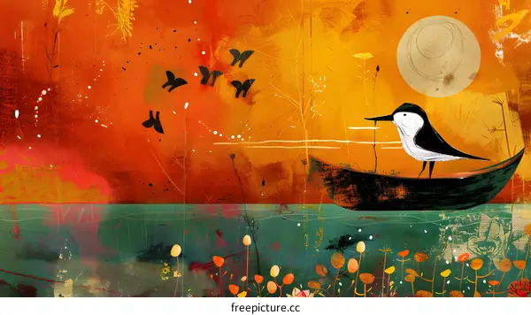 A Bird on a Boat With Sunset in the Background