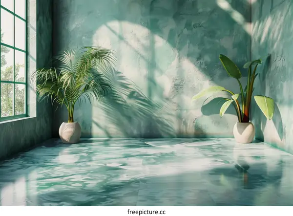 Empty room interior with green wall and plants